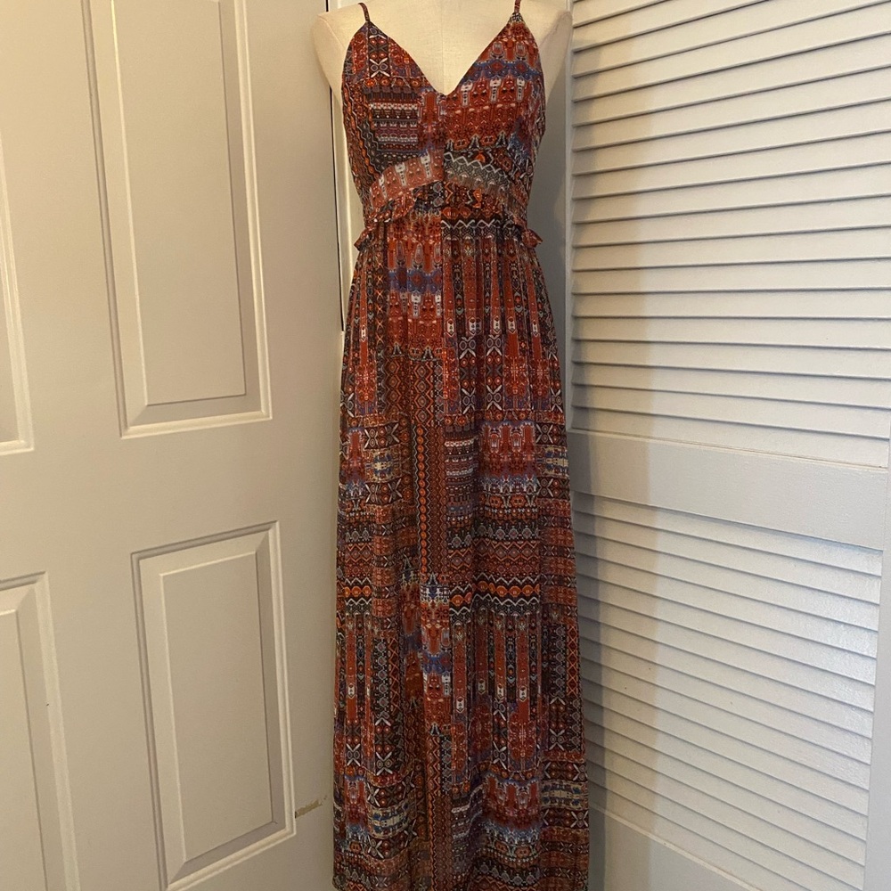 BCBGeneration Rust and Blue Printed Sleeveless Maxi Dress